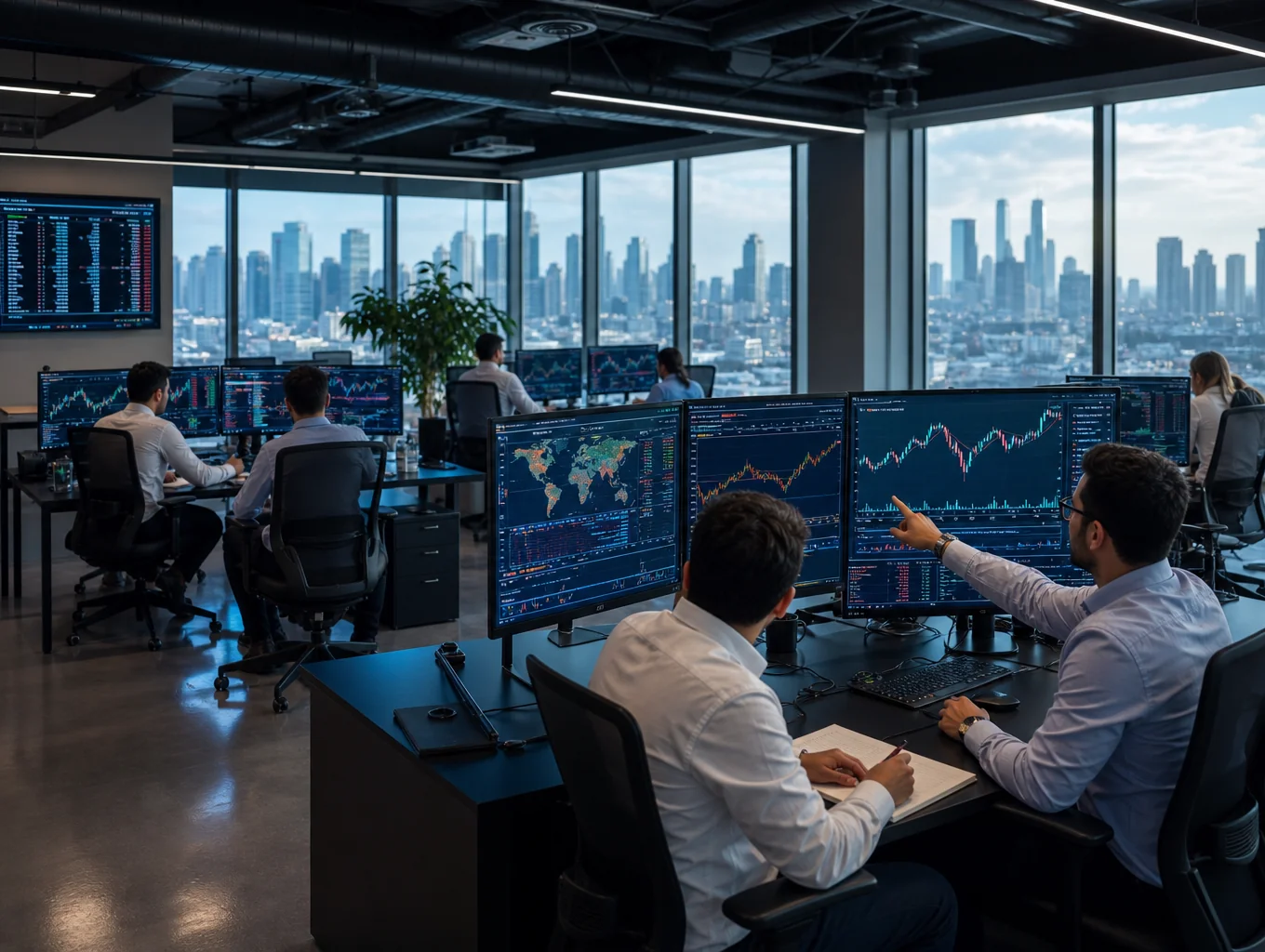 Technology analysts reviewing enterprise market models in a modern workspace